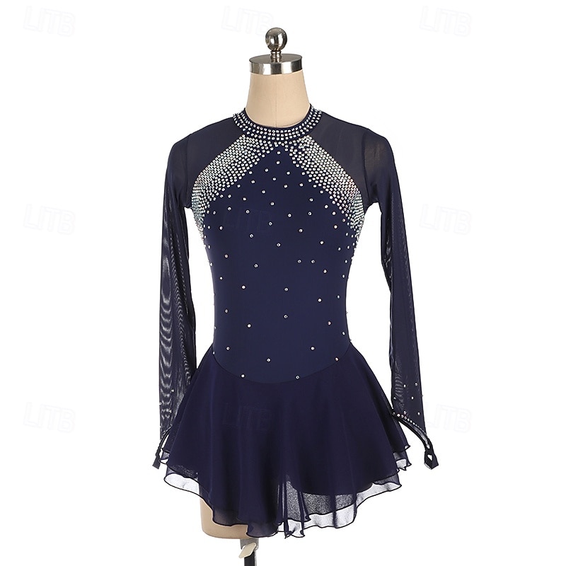 Figure Skating Dress Long-Sleeved Ice Skating Skirt leotards Spandex Women's girl's AB rhinestones