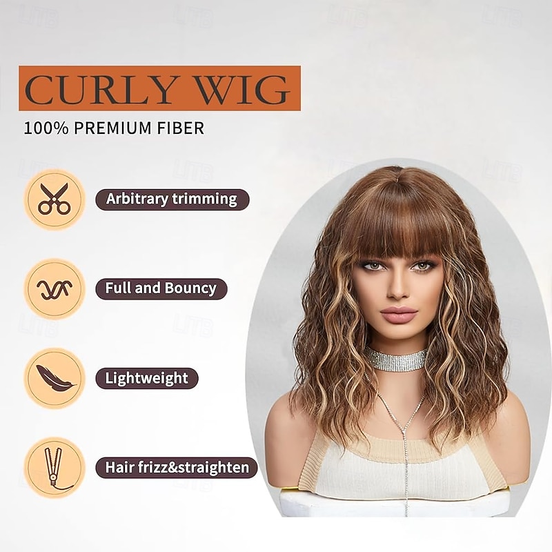 Short Wig Shoulder Length Bob Curly Wavy Wig With Bangs for Women Charming Heat-resistant Synthetic Hair Wigs for Date Daily Use3