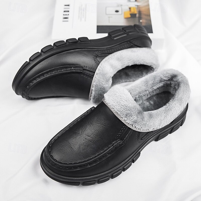 Men's Black Faux Leather Slip-on Shoes with Fur Lining - Warm and Comfortable for Winter4