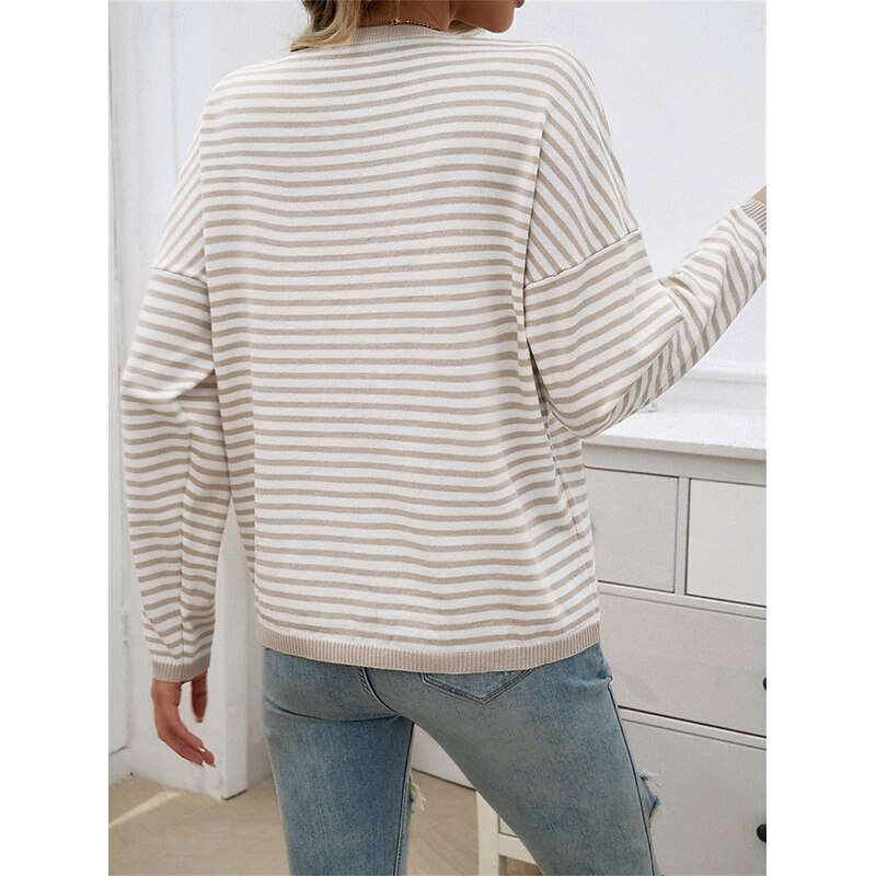 Women's Sweater Casual Soft Striped Ribbed Crew Neck Knitted Long Sleeve Regular Tops Knit Outdoor Daily Weekend Apricot Fall Winter2