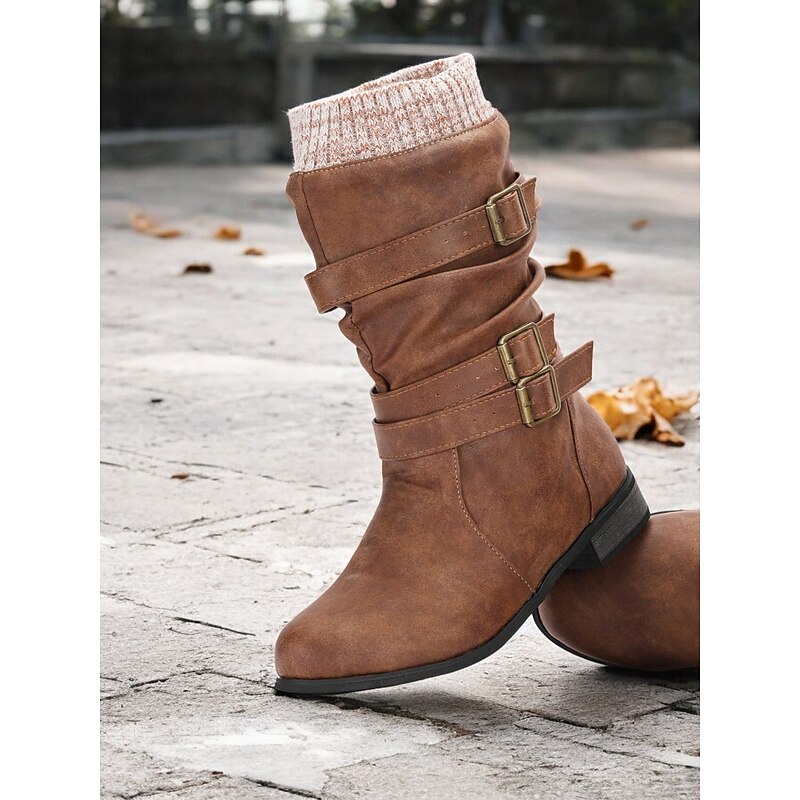 Women's Faux Leather Mid-Calf Boots with Knit Cuff and Double Buckle Straps – Cozy and Stylish Winter Footwear2