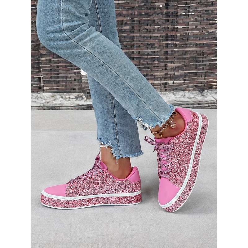Women's Pink Glitter Lace-Up Sneakers with Comfortable Sole - Stylish Casual Shoes for Parties and Everyday Wear3