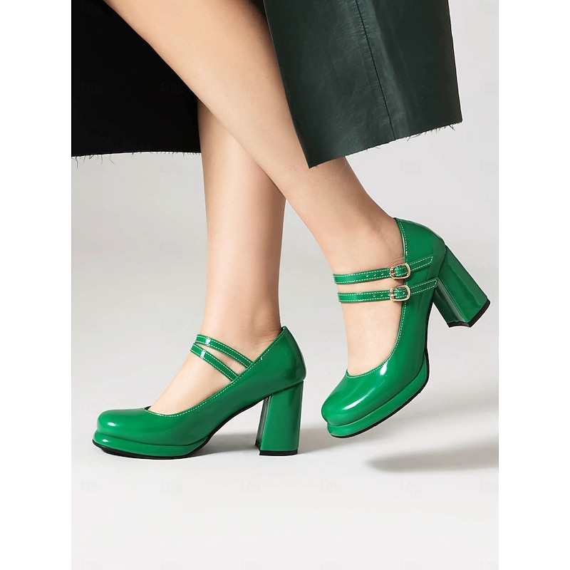 Women's Retro Double-Strap Mary Jane Heels - Patent Leather Block Heel Shoes for Vintage-Inspired Outfits