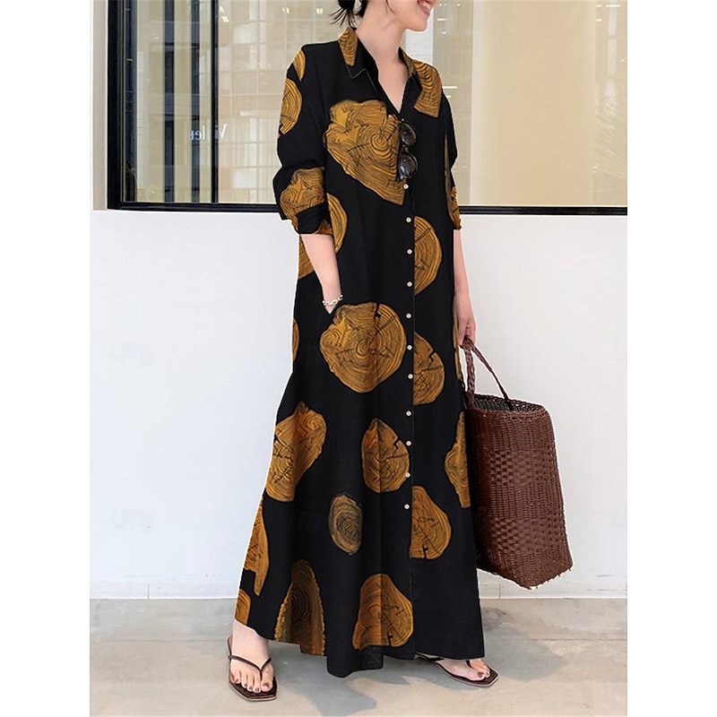 Women's Maxi Dress Shirt Dress Casual Dress Swing Dress Casual Daily Regular Fit Floral Long Sleeve Shirt Collar Black Yellow Red Spring Fall3