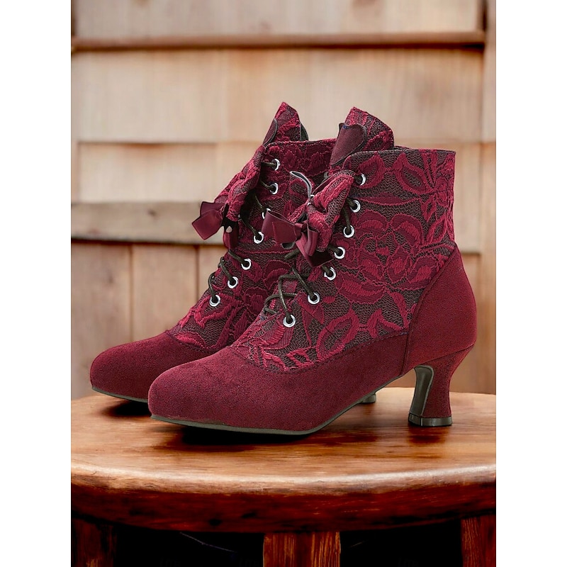 Women's Burgundy Victorian Lace-Up Ankle Boots with Floral Lace Design and Mid-Heel – Elegant Retro Style for Formal and Casual Occasions