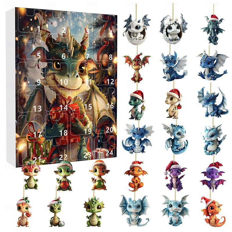 2025 Christmas Cartoon Dragon Holiday Advent Calendar Collectible Hanging Ornament Cute 2D Acrylic Christmas Tree Decorations Flat Fun Swing Cow Animal Pendants for Car Interior Wall