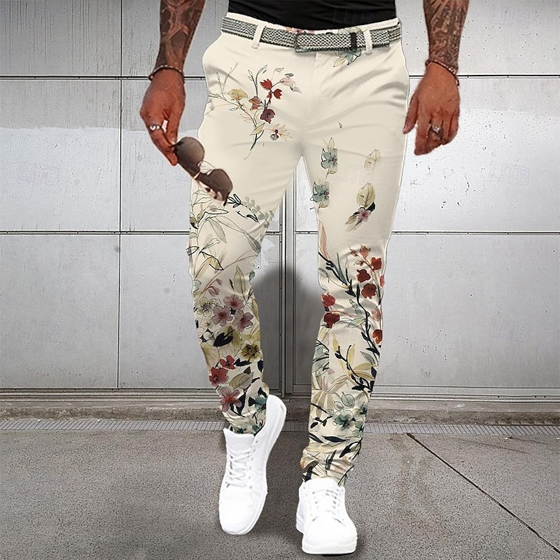 Men's Geometric Dress Pants Mid Waist Business Casual Formal Dailywear Pocket Summer Spring Fall 3D Print Beige