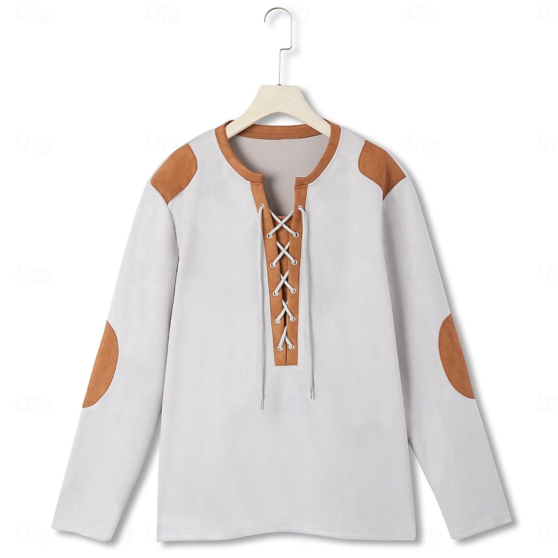 Men's Faux Suede Henley Shirt Tee Top Long Sleeve Shirt Patchwork Henley Outdoor Street Long Sleeve Drawstring Clothing Apparel Daily Casual Street Style4