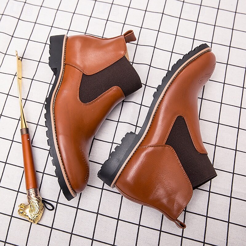 Men's Brown Faux Leather Chelsea Boots – Stylish Slip-On Ankle Boots with Rugged Tread and Perforated Detailing3