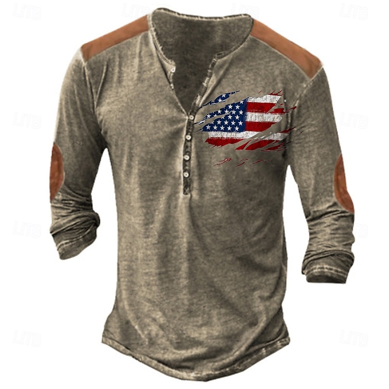Men's Button T Shirt T Shirt Henley Shirt Tee Long Sleeve Henley Spring &  Fall National Flag Fashion Designer Printing Vacation Street Going out Dark Navy Light Grey Khaki Top Tee for Men2