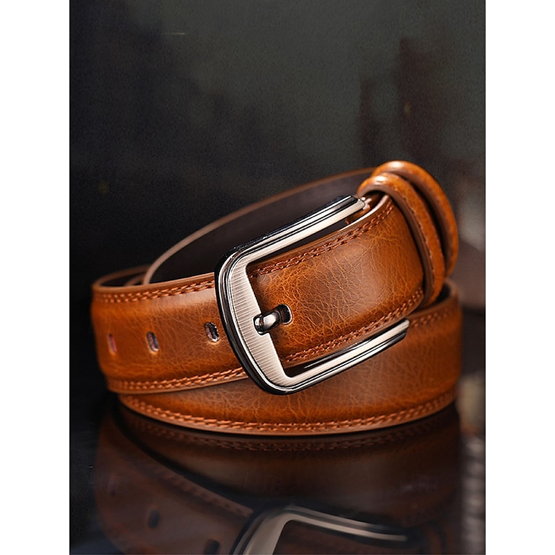 Men's Genuine Leather Belt with Classic Metal Buckle - Durable and Stylish Accessory for Casual and Formal Wear