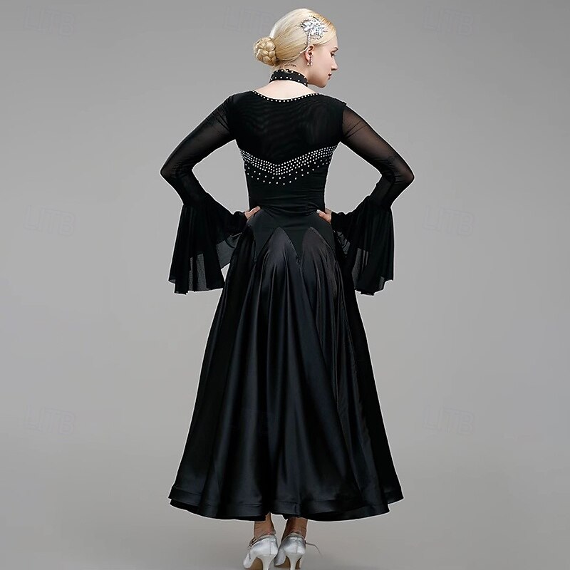 Ballroom Dance Dress Splicing Crystals / Rhinestones Women's Performance Training Long Sleeve Satin Spandex2