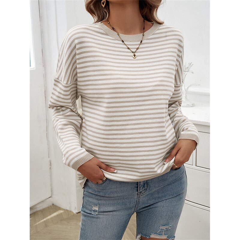 Women's Sweater Casual Soft Striped Ribbed Crew Neck Knitted Long Sleeve Regular Tops Knit Outdoor Daily Weekend Apricot Fall Winter4