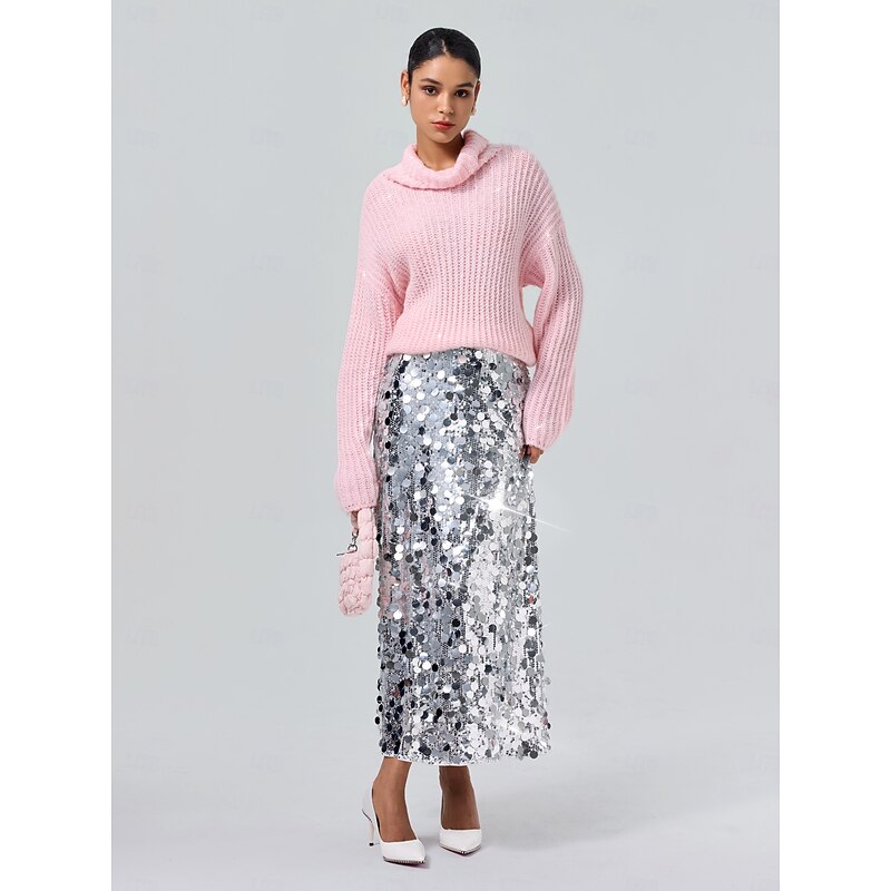 Turtleneck Ribbed Knit Wool Sequins Drop Shoulder Casual Daily Sweater4