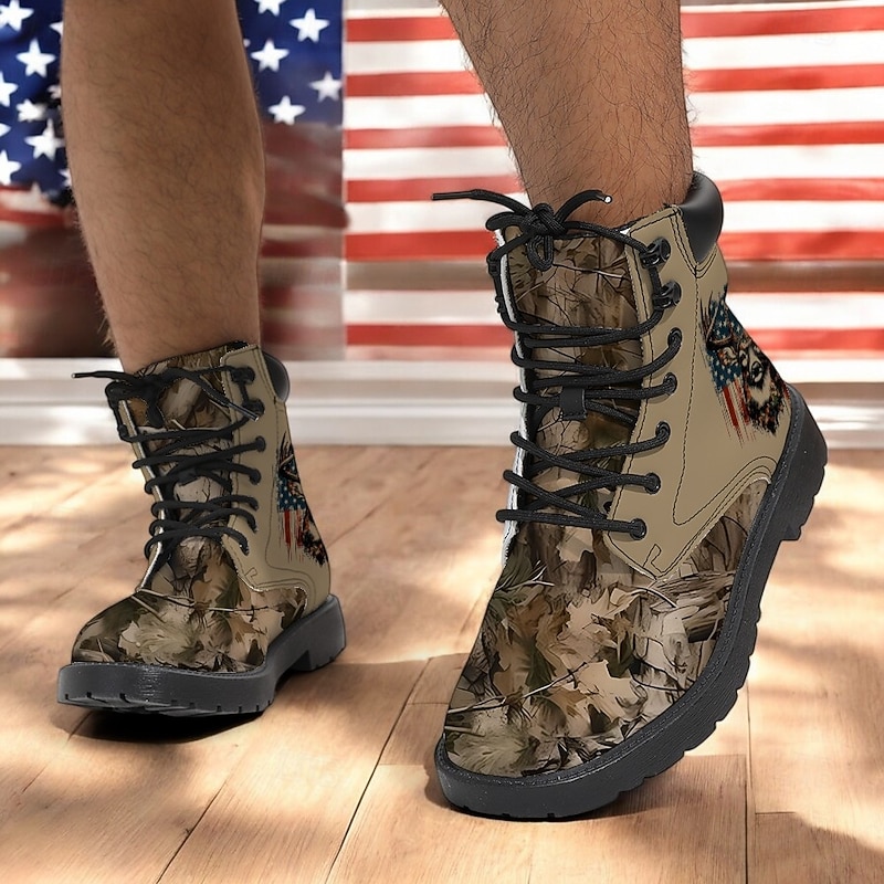 Men's Hunting Boots with Patriotic Deer Print – Durable Camouflage Lace-Up Outdoor Footwear3