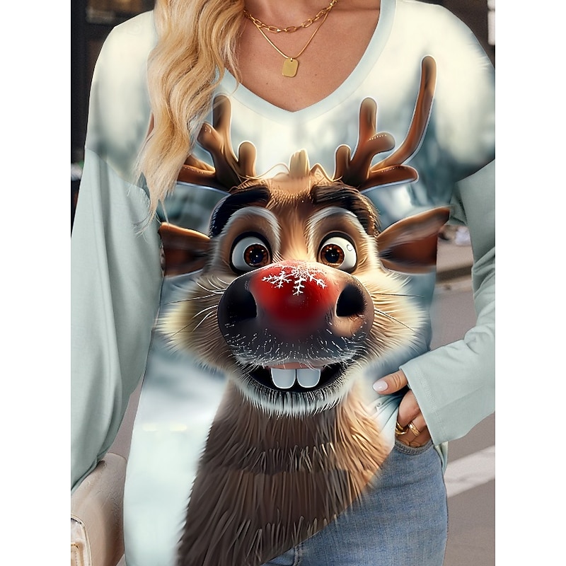 Women's T Shirt Modern Casual Print Long Sleeve Regular Tops V Neck  Daily Red Blue Brown Light Blue Fall Winter3