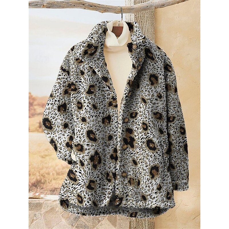 Women's Sherpa Jacket Teddy Coat Outdoor Street Daily Wear Fall Winter Regular Coat Regular Fit Thermal Warm Breathable Stylish Casual Jacket Long Sleeve Leopard Geometric with Pockets Full Zip Red2