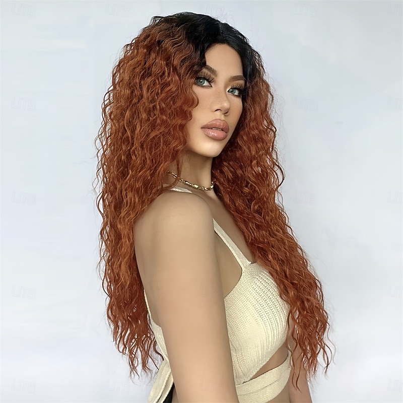 Synthetic Lace Wig Curly Style 26 inch Brown with Golden Highlights Middle Part 13x5x1 Lace Front Wig Women's Wig Black / Gold3