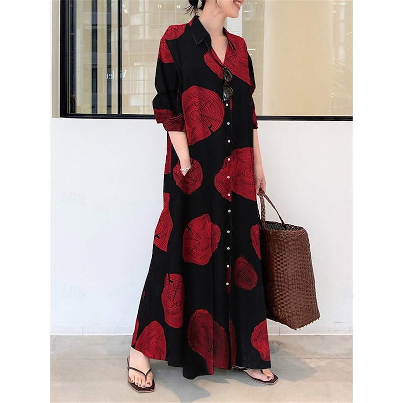 Women's Maxi Dress Shirt Dress Casual Dress Swing Dress Casual Daily Regular Fit Floral Long Sleeve Shirt Collar Black Yellow Red Spring Fall