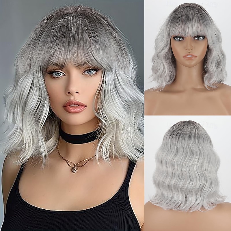 Wavy Bob Wig With Air Bangs Natural Curly Short Bob Wigs Women's Shoulder Length Wigs Synthetic Cosplay for Girl Colorful Wigs