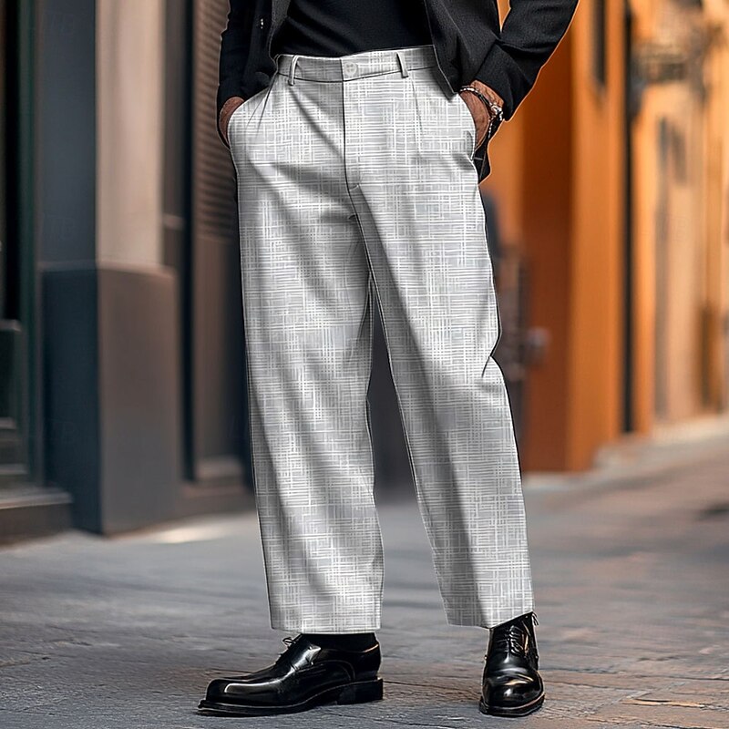 Men's Plaid Dress Pants Mid Waist Casual Outdoor Home Dailywear Zipper Pocket Straight Leg Trousers Summer Spring Fall 3D Print Light Grey4