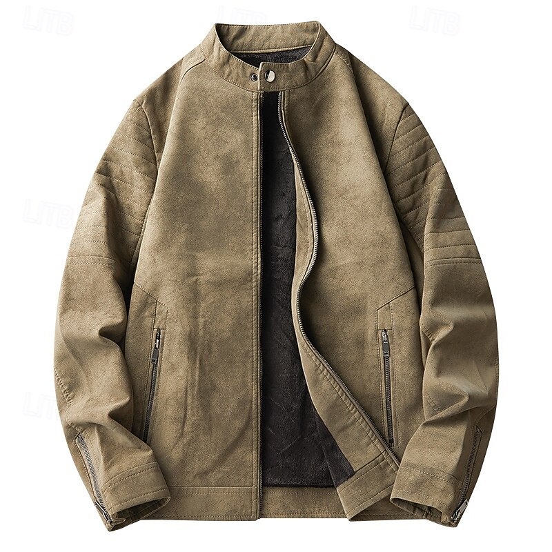 Men's Faux Leather Jacket Fleece Jacket Biker Jacket Vintage Leather Jacket Daily Vacation Windproof Warm Pocket Fall & Winter Plain Fashion Classic Stand Collar Regular Black Brown Green Jacket3
