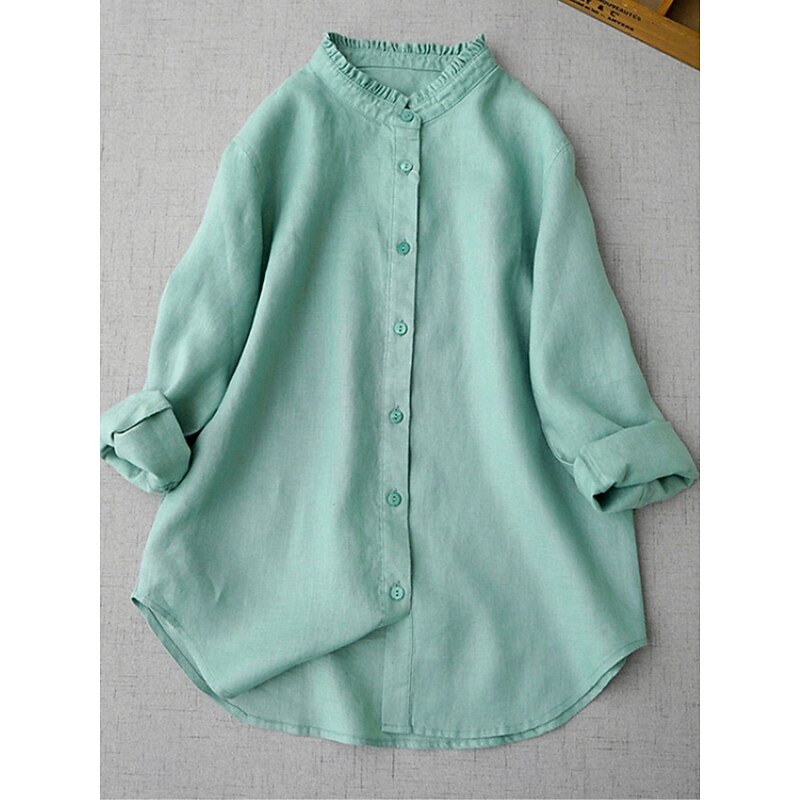 Women's Shirt Linen-Inspired Shirts Button Up Daily Long Sleeve V Neck White Green Spring &  Fall4