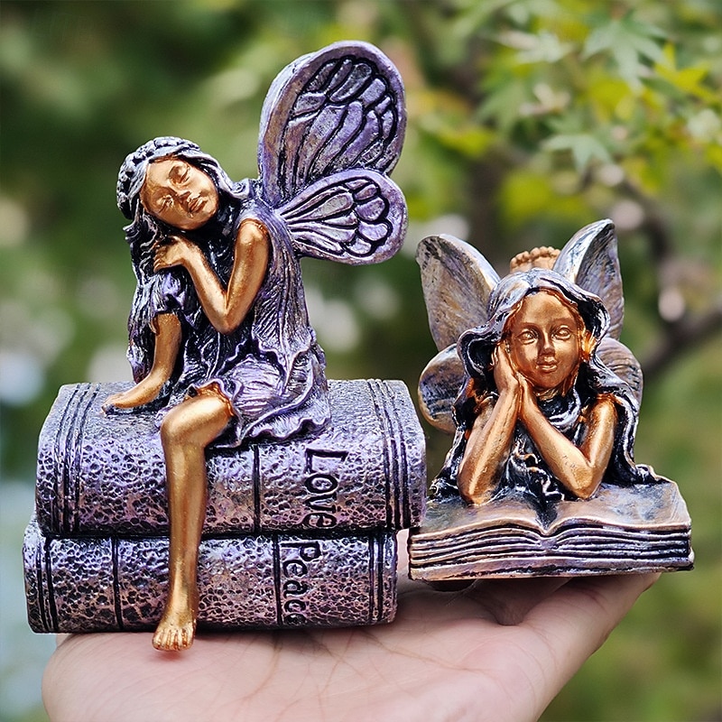 Bronze Angel Resin Figurine, Book Angel Girl Sculpture, Creative Home Decor for Bookshelves, Desk, and Office Decoration