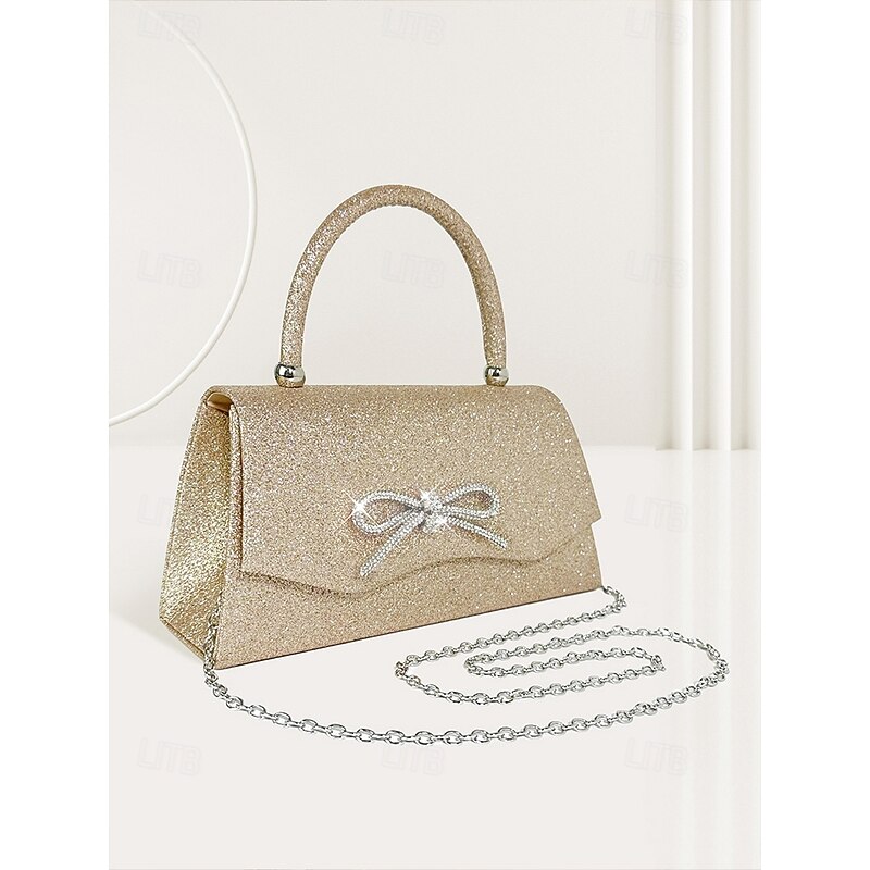 Women's Elegant Sparkling Glitter Evening Clutch with Rhinestone Bow - Perfect for Weddings and Parties