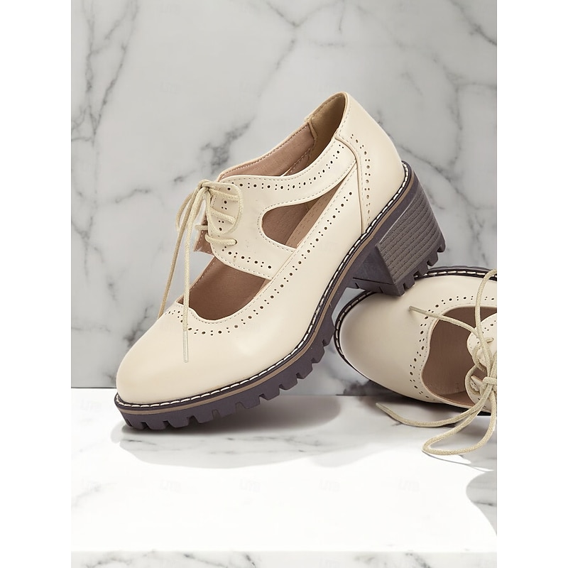 Women's Cream Lace-Up Oxford Shoes with Cut-Out Design and Chunky Sole – Vintage Casual Footwear for Everyday Wear2