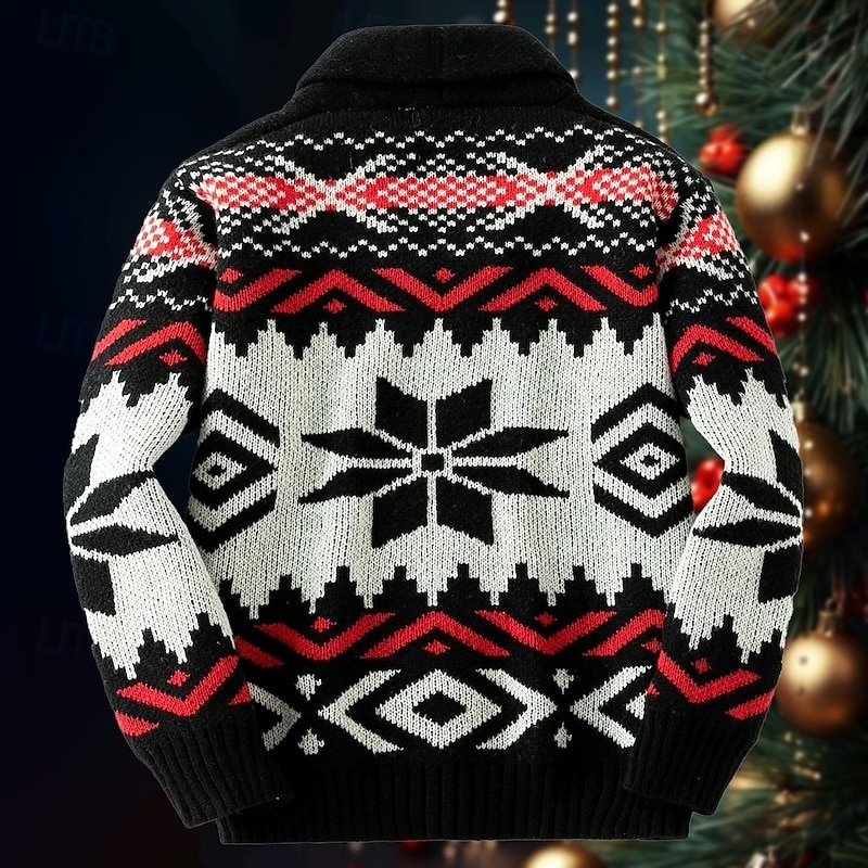 Men's Jacquard Sweater Cardigan Sweater Cropped Sweater Knit Sweater Ribbed Crochet Knit Regular Knitted Jacquard Snowflake Shawl Collar Fashion Classic Daily Wear Date Clothing Apparel Fall & Winter3