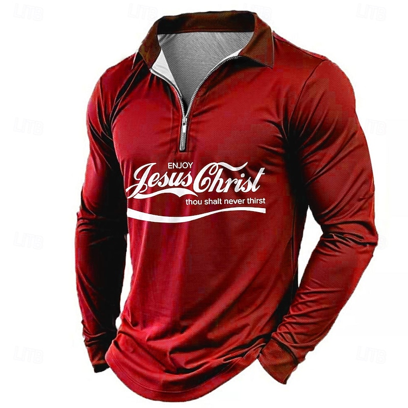 Men's Funny Zip Polo Long Sleeve Polo Shirts Collar Business Casual Vacation Party Evening Wear Dailywear 3D Print Spring Fall & Winter Black Wine Blue