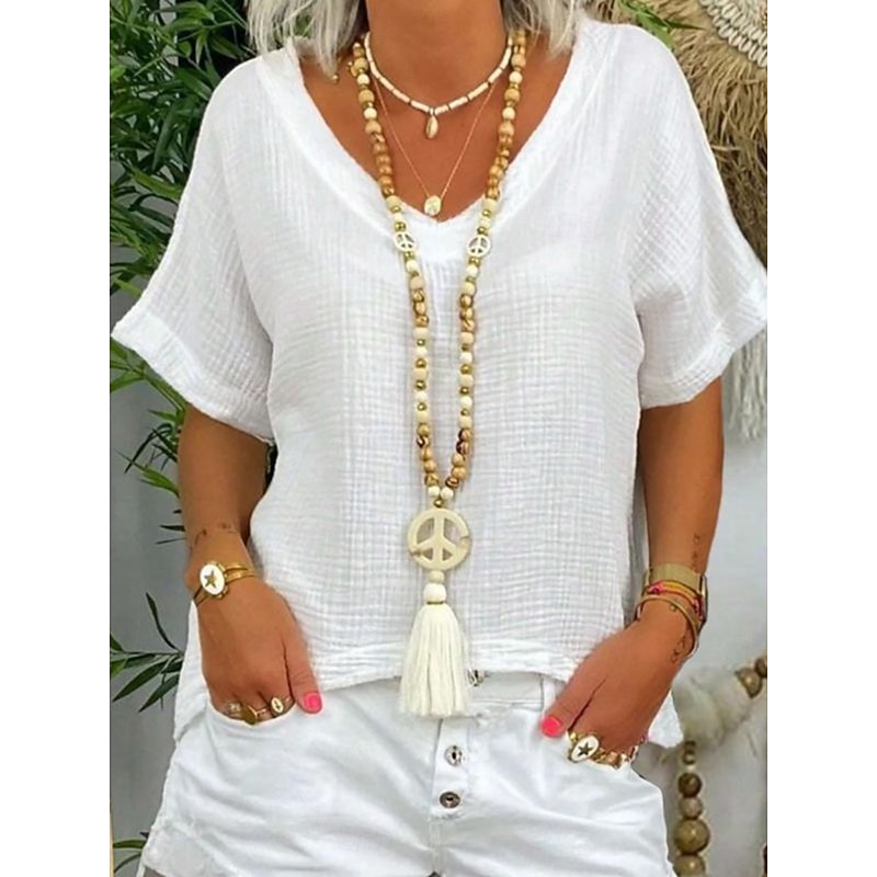 Women's Linen-Inspired Shirts T Shirt Plain Fashion Modern Casual Short Sleeve V Neck Regular Tops Daily Weekend White Summer Spring