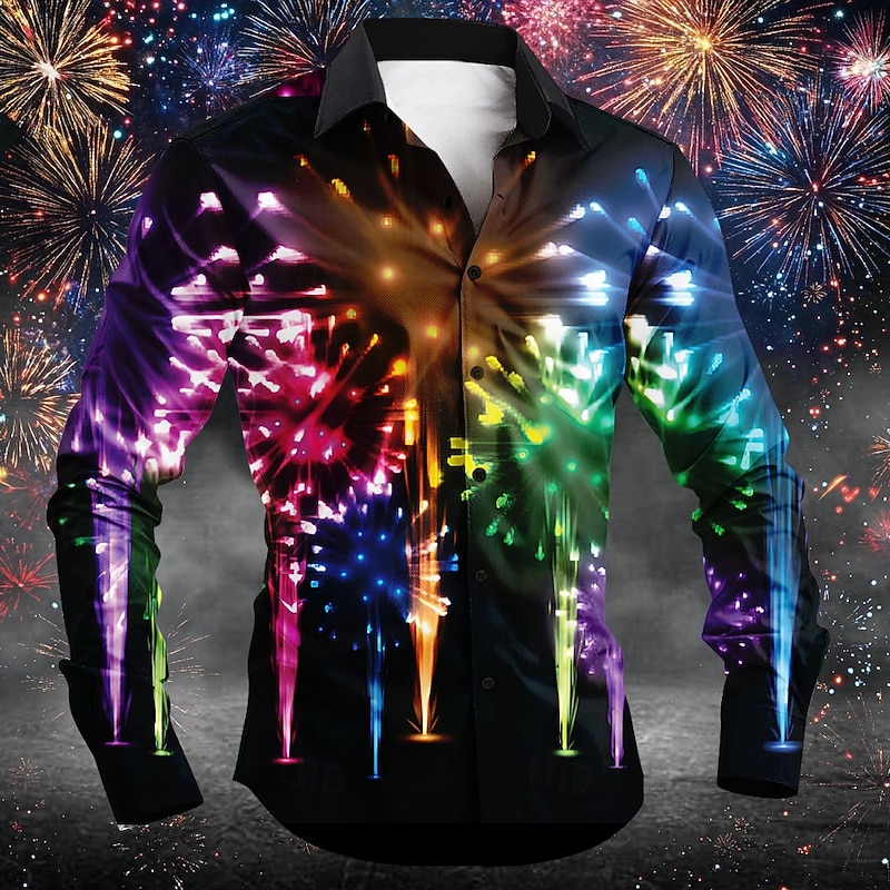 New Year Men's Shirt Button Up Shirt Long Sleeve Casual Party Causal Spring Fall Turndown Pocket Black Pink Multicolor Green4