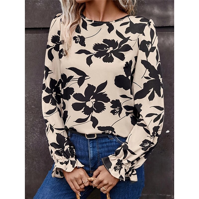 Women's Shirt Blouse Floral Stylish Casual Long Sleeve Crew Neck Regular Tops Daily Backless Print Bow Beige Fall Winter2