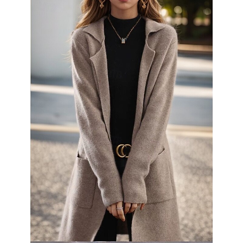Women's Sweater Cardigan Sweater Jacket Shirt Collar Knit Pocket Knitted Spring Fall Home Daily Weekend Elegant Daily Casual Long Sleeve Pure Color Black Camel4
