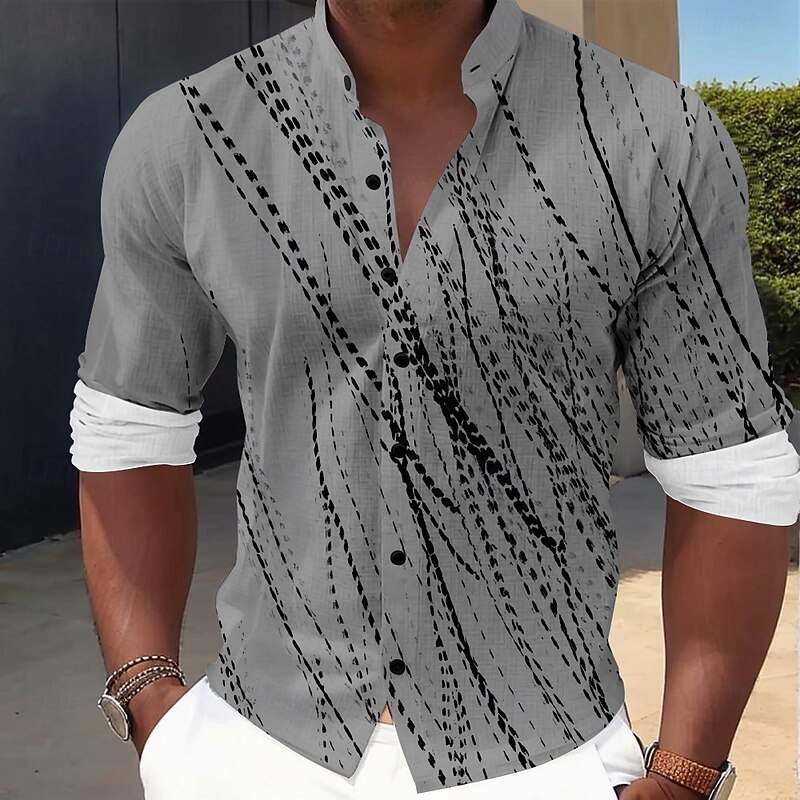 Men's Line Dress Shirt Button Up Shirt Long Sleeve Casual Vacation Home Daily Summer Spring &  Fall Grandad Collar Band Collar 3D Print Black White Blue Gray3