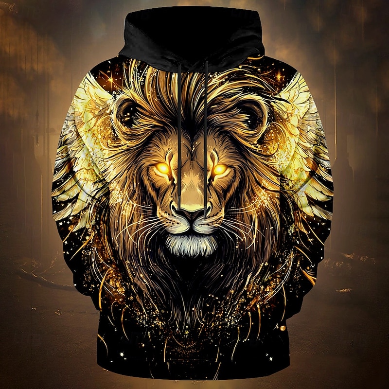 Men's Lion Hoodies Sweatshirt Fashion Cool Long Sleeve Crew Neck Party Holiday Streetwear Black Drawstring Fall Winter Designer