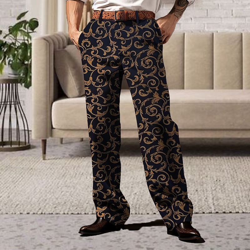 Men's Floral Paisley Ethnic Dress Pants Mid Waist Business Casual Formal Wedding Dailywear Zipper Pocket Straight Leg Trousers Summer Spring Fall 3D Print Pink Red Purple