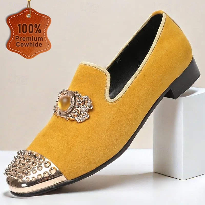 Men's Yellow Leather Loafers with Jeweled Embellishment and Studded Metallic Cap Toe – Premium Cowhide Statement Dress Shoes for Special Occasions