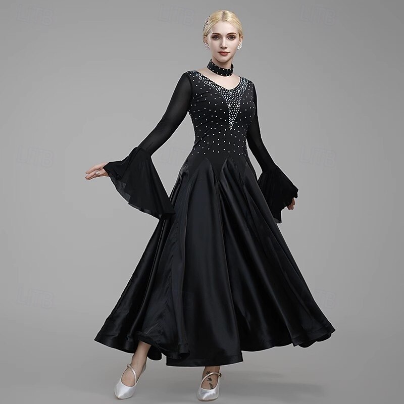 Ballroom Dance Dress Splicing Crystals / Rhinestones Women's Performance Training Long Sleeve Satin Spandex3