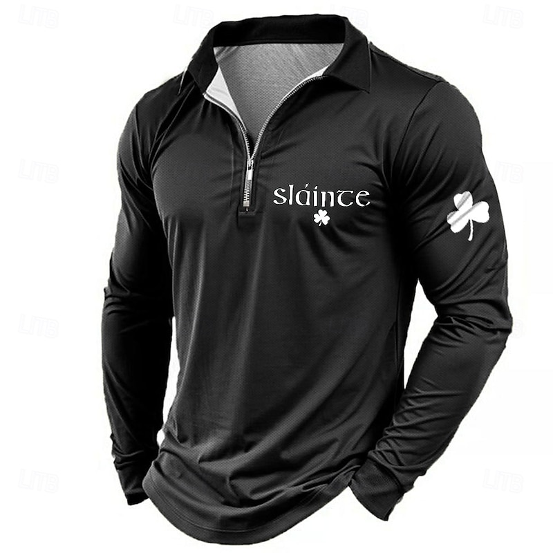 Men's Letter Printed Zip Polo Shirts Golf Shirt Long Sleeve Polo Shirts Collared Shirts Vintage Casual Outdoor Street Dailywear 3D Print Quarter Zip Polo Spring Fall & Winter Black Blue Green4