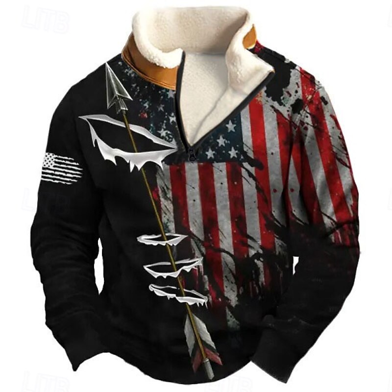 Men's Flag Arrow Sweatshirt Quarter Zip Sweatshirt Long Sleeve Sweatshirt Stand Collar Quarter Zip Casual Vintage Retro 3D Print Vacation Going out Streetwear Half Zip Fall Winter