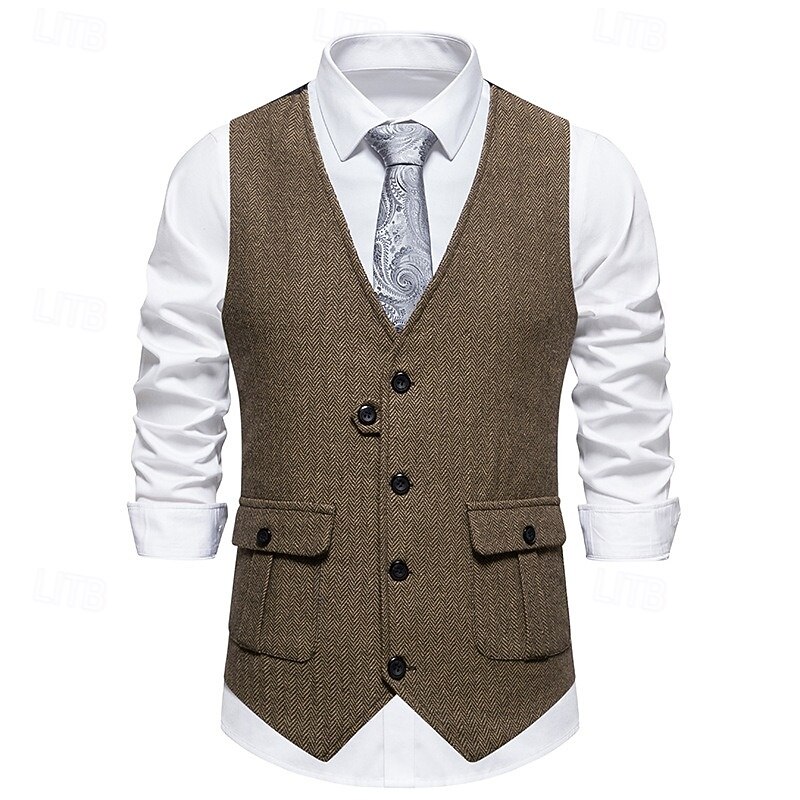 Brown Grey Men's Fashion Herringbone Tweed Vest Tailored Fit V Neck Single Breasted Four-buttons2