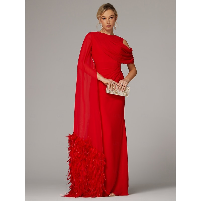 Sheath Evening Gown Elegant Dress Formal Fall Sweep / Brush Train Sleeveless Floor Length Cowl Neck Chiffon with Feather Ruched Slit
