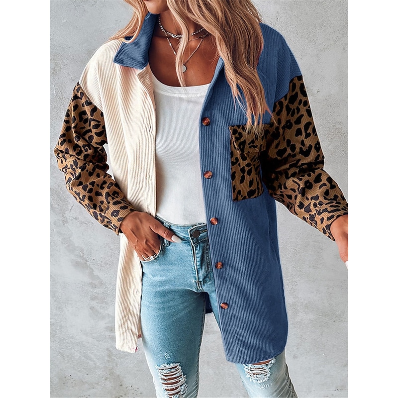Women's Casual Jacket Outdoor Buttons Leopard Windproof Fashion Regular Fit Outerwear Long Sleeve Fall Blue S