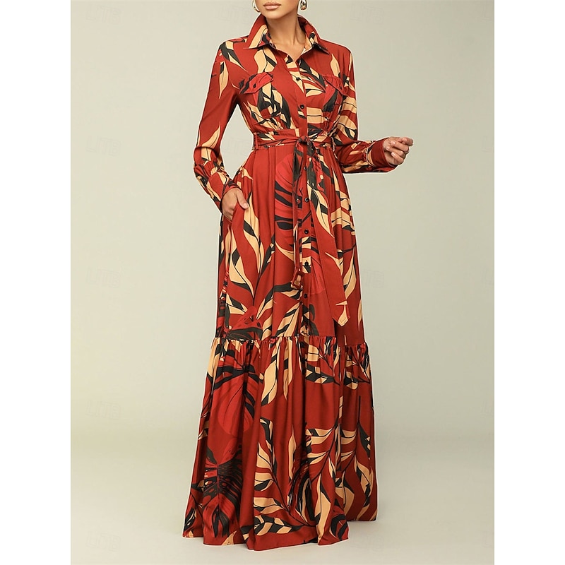 Women's Leaf Shirt Collar Maxi Dress Long Sleeve Summer Spring2
