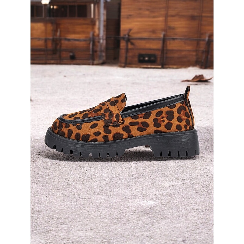 Women's Leopard Print Chunky Loafers - Suede Slip-On Shoes with Rugged Sole, Perfect for Casual and Streetwear Styles