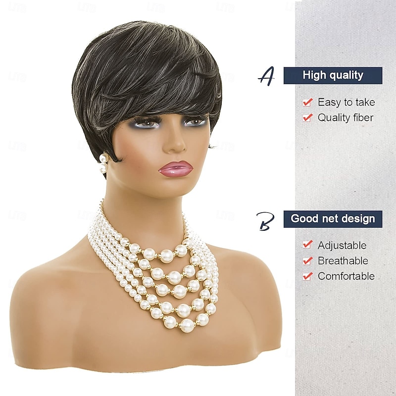 Short Wigs for Black Women Pixie Cut Wig Synthetic Short Side Part Pixie HairCut Wigs with Bangs for Old Women Short Straight Pixie Wigs Natural Short Layered Wigs4