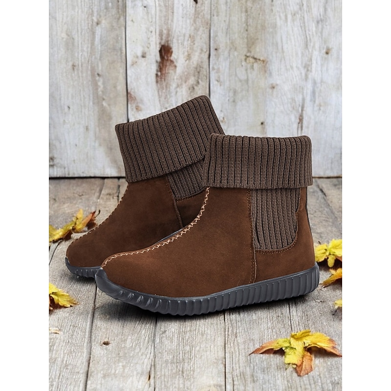 Women's Brown Faux Suede Ankle Boots with Ribbed Knit Cuffs – Warm, Slip-Resistant Casual Winter Shoes for Outdoor and Everyday Wear